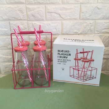 11oz milk bottle in metal or wooden basket B02160007A