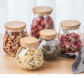  glass storage jar with wooden flat lidB05113101	