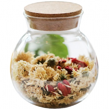  glass storage jar with wooden flat lidB05113101	
